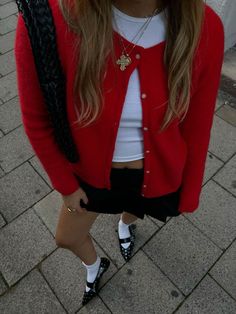 Skandinavian Fashion, Red Cardigan, Cardigan Outfits, Red Outfit, Girly Fashion