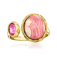 Ross-Simons - Pink Rhodochrosite, .50ct Pink Topaz Toi et Moi Ring Over Sterling. Size 8. French for "you and me," Toi et Moi rings are a unique way to celebrate a special relationship in your life. Wear our on-trend, two-stone designs as a sentimental symbol of romance, friendship, family - or simply treat yourself to double the sparkle! This pretty statement features a 12x10mm pink rhodochrosite oval cabochon beside a .50 carat oval pink topaz. Finely crafted in hammered and polished 18kt yell Two Stones Ring, Pink Topaz Jewelry, Hermes Bracelet, Pink Rhodochrosite, Pink Topaz, Jewelry Lookbook, Stone Design, Oval Cabochon, Stone Rings