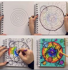 four pictures showing how to draw spirals with colored pencils