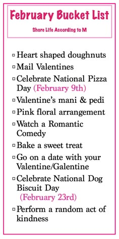 the february bucket list for valentine's day is shown in pink, black and white