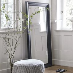 a mirror sitting on top of a wooden floor next to a plant