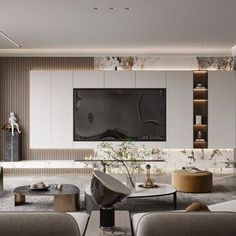 a living room filled with furniture and a flat screen tv mounted to the side of a wall