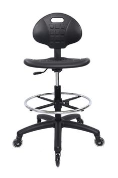 a black drafting stool with an adjustable foot rest on the back and seat upholstered