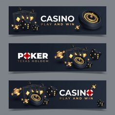 three casino banners with gold and black dices, playing cards and roule on them