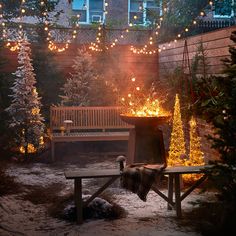 a fire pit surrounded by christmas trees and lights in a backyard with a bench on the other side