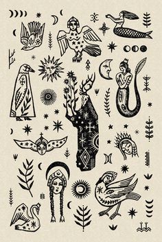 an old fashioned tattoo design with birds, flowers and other things in black on white paper