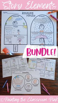 the story elements bundle includes an umbrella, raindrops and other activities to help students learn