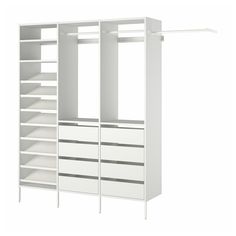 a white closet with drawers and shelves on the bottom shelf is shown in front of a white background