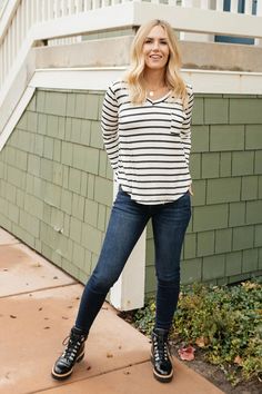 Basically Striped Long Sleeve Top in Ivory and Black Fall Staple Pieces, Cold Fits, Long Sleeve Striped Top, Classic Fashion, Romper Dress, Online Boutiques, Striped Long Sleeve, Long Sleeve Top