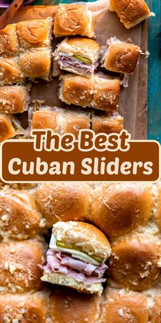 the best cuban sliders on a cutting board with text overlay that reads, the best cuban sliders