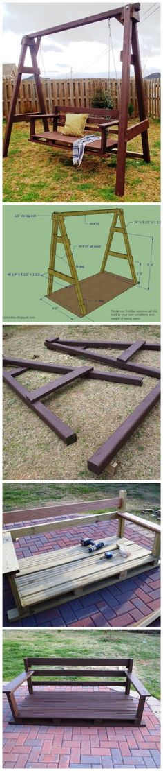 the plans for an outdoor swing set are shown in three different stages, including one being built