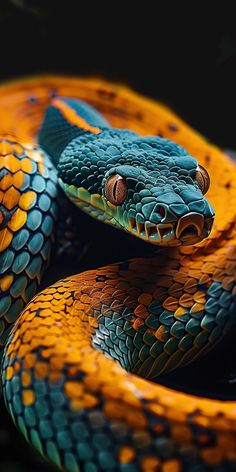 an orange and blue snake is curled up