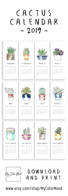 a calendar with cactuses and succulents on it in watercolor style