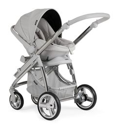 a baby stroller is shown with wheels on the front and back sides, in grey