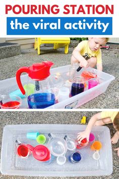 a toddler playing in a plastic container filled with water and liquid while pouring station