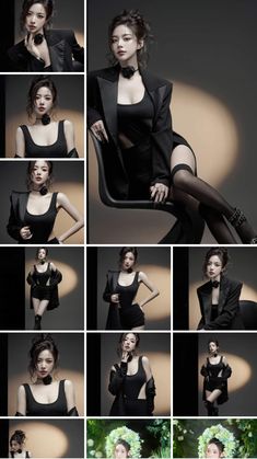 a collage of photos showing the different poses of a woman in a black dress