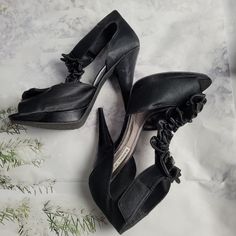 Black Satin With Ruffles Size 10 5" Heel 1/2" Platform Velcro Closure At Ankle Very Good Unused Condition Steve Madden Satin Heels, Ruffle Heels, Snake Heels, Platform Mary Janes, Size 11 Heels, Buckled Heels, Steve Madden Shoes Heels, Black Sandals Heels, Stiletto Pumps