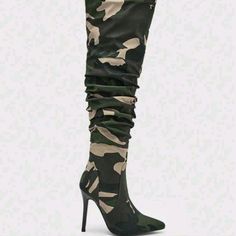 Camo Point Toe Stiletto Fabric Slouchy Boots Side Zipper Army Green Upper Material: Fabric Lining Material: Fabric Insole Material: Pu Leather Outsole Material: Rubber Camo Heels, Mom Shoes, Slouchy Boots, Green Heels, Green Cream, Shoes Heels Boots, Army Green, Side Zipper, Shoes Women Heels