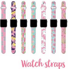 the watch straps are all different colors and designs on each strap, including unicorns