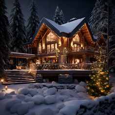 a lit up christmas tree in front of a large house with snow on the ground