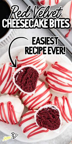 red velvet cheesecake bites on a white plate with the words, easy recipe for valentine's day