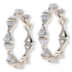 Radiance by Absolute™ 10.14ctw Trilliant Cut Bow Design Hoop Earrings Chic and angular, simulated diamond trilliants bring this loop's bow design to sparkling life. It's a fun and modern way to wear an especially pretty take on the ever-popular hoop.       Each approx. 1-1/16"L x 1/8"W x 1/8"H     Stamped .925 sterling silver; goldtone or rhodium plating; polished finish      Pierced with joint-and-catch closure     Bar and prong settings   Stone Information       All sizes and weights, includin