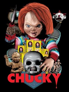 the chucky movie poster is shown with an evil child holding a knife and a skull