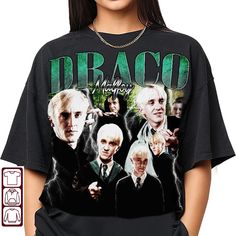 a woman wearing a black t - shirt with an image of the characters from harry potter