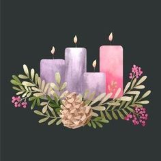 watercolor candles with pine cone and greenery on black background - free image 34971