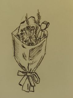 a drawing of a bouquet of flowers in a paper bag with a bow tied around it