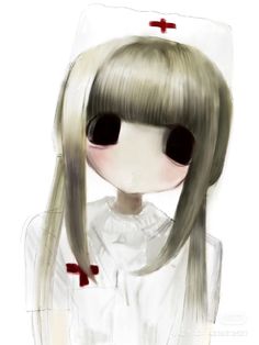 a drawing of a girl with long blonde hair and red crosses on her foreheads