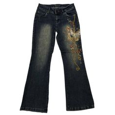 Low Rise Baggy Jeans Outfit Y2k, Y2k Jeans Png, Jeans Png Aesthetic, Aesthetic Wide Leg Jeans, Floral Jeans Outfit, Jeans Front And Back, Y2k Embroidery, Butterfly Jeans, Bday Outfits