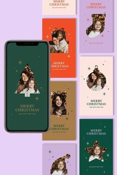 an iphone screen with christmas cards on it and the text merry christmas written in gold