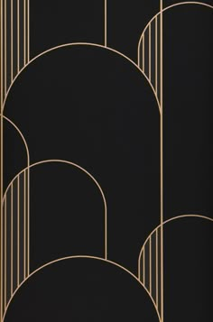 an abstract black and gold wallpaper with curved lines on it's sides, in the style of art deco