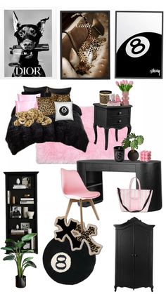 black and pink bedroom decor with pictures on the wall, bedding, rugs, chair