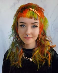 Yellow Vivid Hair, 70s Shag Mullet, Dyed Shag Hair, Colored Bangs Only, Colorful Mullet, Yellow Mullet, Rainbow Roots, Halloween Hair Color, 70s Shag