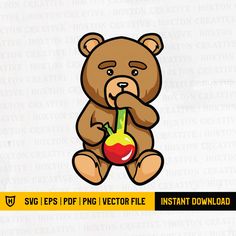 a brown teddy bear holding an apple in its paws with the text svg eps png