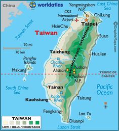 a map showing the location of taiwan and its major cities in asia, along with other countries