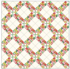 a quilted pattern with many different colors and patterns on it, including red, green,