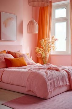 a bedroom with pink walls and orange curtains