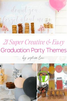 a collage of photos with balloons, cookies and other items for a graduation party