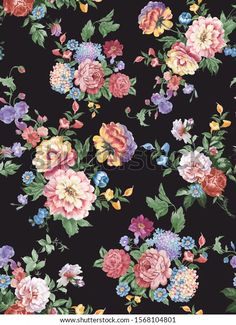 floral wallpaper with pink, blue and yellow flowers on a black background stock photo