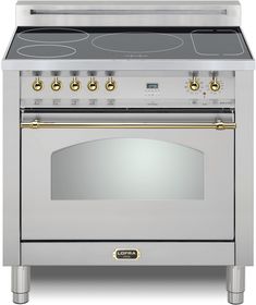 a silver stove with two burners and gold trimmings on the top, in front of a white background