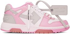 Low-top paneled buffed calfskin sneakers in white, pink, and gray. · Perforated detailing at round toe · Signature grained leather zip-tie at lace-up closure · Padded tongue and collar · Signature graphic appliqué at sides · Logo embossed at heel tab · Treaded rubber sole Supplier color: Pink/Gray 4s Outfit, Out Of Office Sneakers, Office Sneakers, Casual Shoes Women Sneakers, Nike Shoes Women Fashion, Pretty Sneakers, Crocs Fashion, Off White Clothing, Pretty Shoes Sneakers