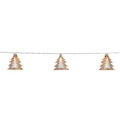 three christmas trees are hanging on a string