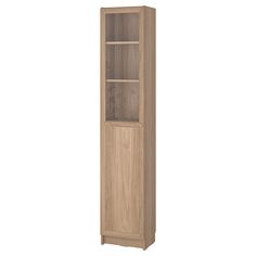 a tall wooden cabinet with glass doors on the front and bottom shelves in light wood