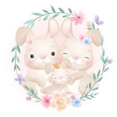 three rabbits with flowers and leaves around them