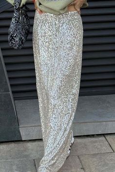 Color: Silver, Size: L Sequin Maxi Skirt, Maxi Sequin Skirt, Yellow Fits, High Heel Sneakers, Sequin Maxi, Skirt Fits, Maxi Dresses Casual, Prom Wedding, Crop Top Blouse