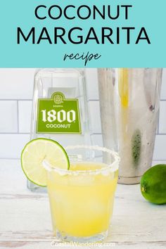 the recipe for coconut margarita is shown in front of a shaker and limes