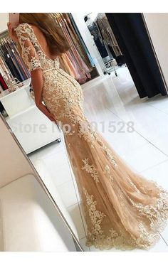 Shop Mermaid Floor-length Half Sleeve Lace Appliques Dress Online. Dorris Wedding offers tons of high quality collections at affordable prices. Free shipping Now! Chic Prom Dresses, Champagne Prom Dress, Dress Classy, Backless Prom Dresses, Lace Mermaid, فستان سهرة, Applique Dress, Tulle Prom Dress, Prom Dresses Lace